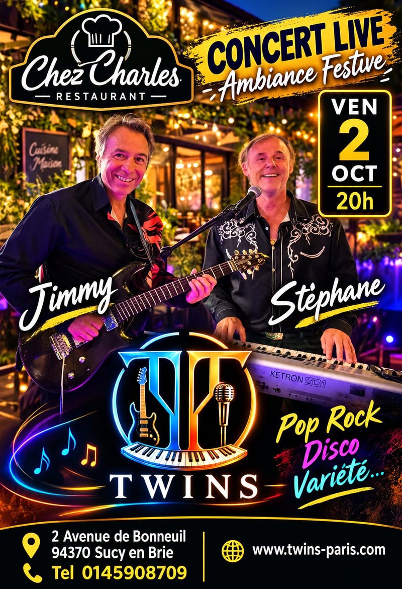 Affiche du concert live du duo Twins Chez Charles, vendredi 2 octobre à 20h