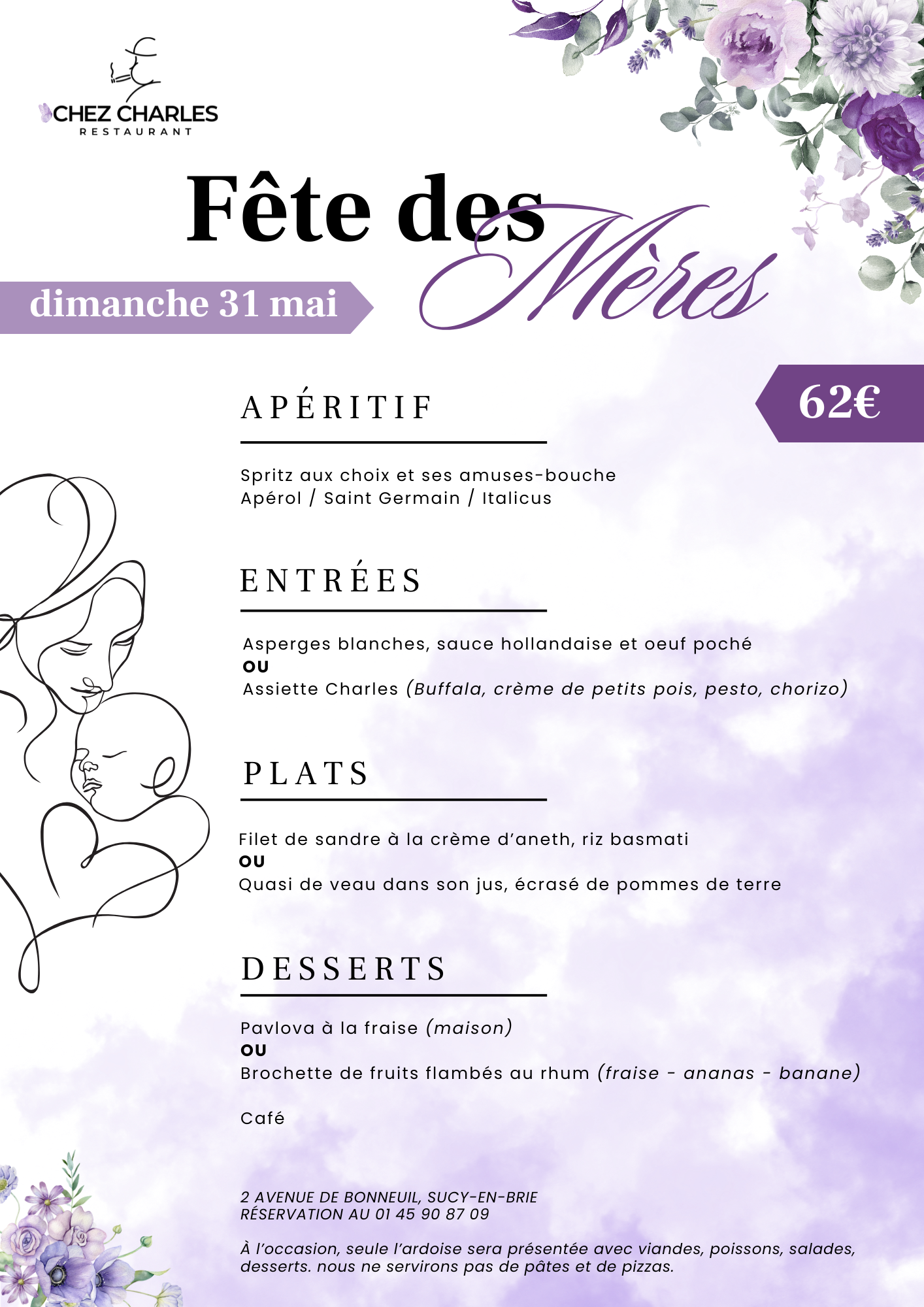 Menu Fête des Mères - dimanche 31 mai Chez Charles